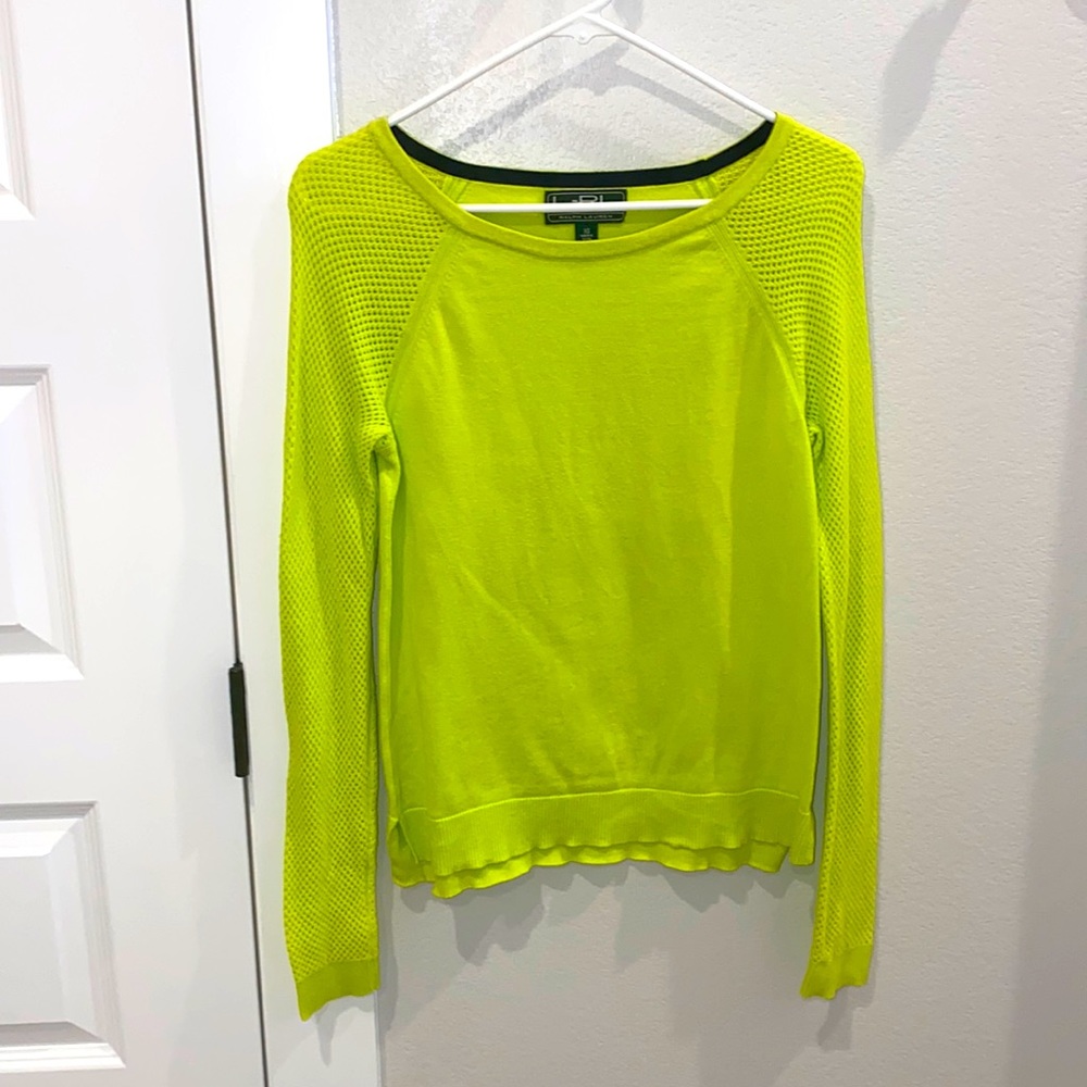 EUC Women’s Neon Yellow Green Ralph Lauren Active Ribbed Knit Crew Neck Sweater